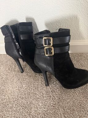 Madeline Stuart Black Suede & Leather Ankle Booties with Gold Buckles 5.5